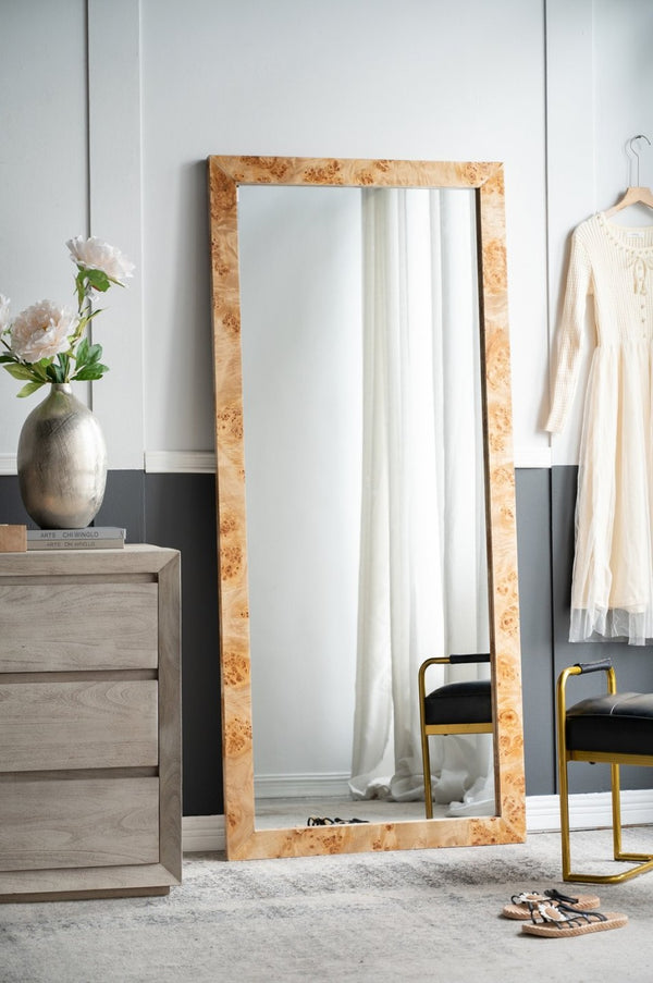 English Elm 31.5x1.6x71" Burl Wood Veneer Full Length Floor Mirror Warm Brown Organic Modern W2078P489396
