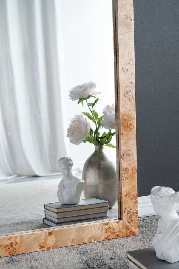 English Elm 31.5x1.6x71" Burl Wood Veneer Full Length Floor Mirror Warm Brown Organic Modern W2078P489396