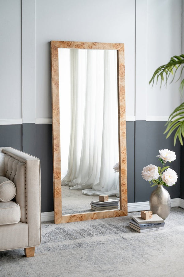 English Elm 31.5x1.6x71" Burl Wood Veneer Full Length Floor Mirror Warm Brown Organic Modern W2078P489396