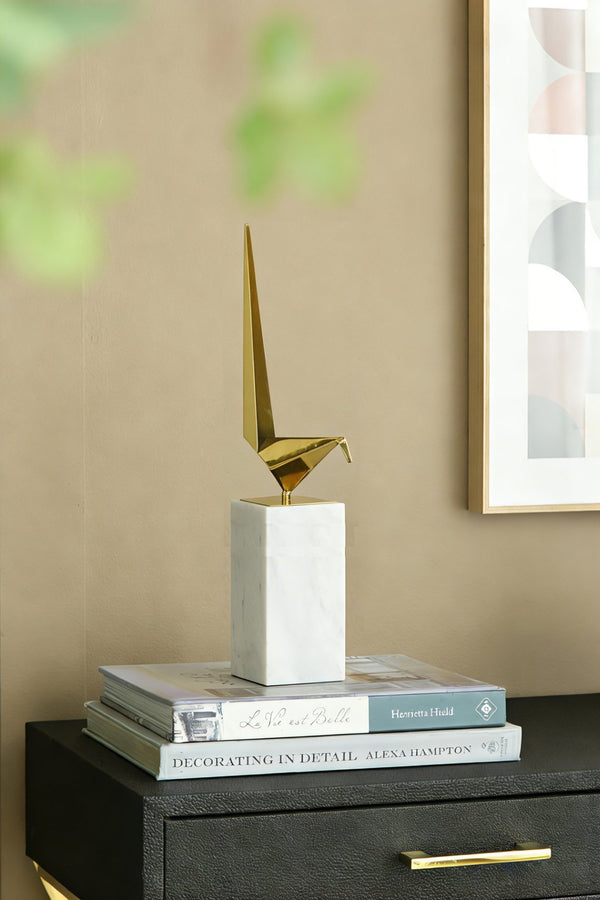 English Elm 7x3.5x20.5" Gold Steel Origami Crane Sculpture on White Marble Base Modern Art W2078P489715
