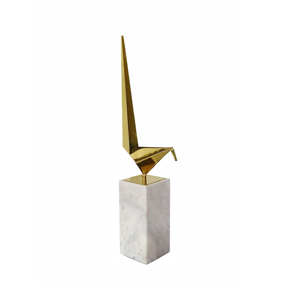 English Elm 7x3.5x20.5" Gold Steel Origami Crane Sculpture on White Marble Base Modern Art W2078P489715