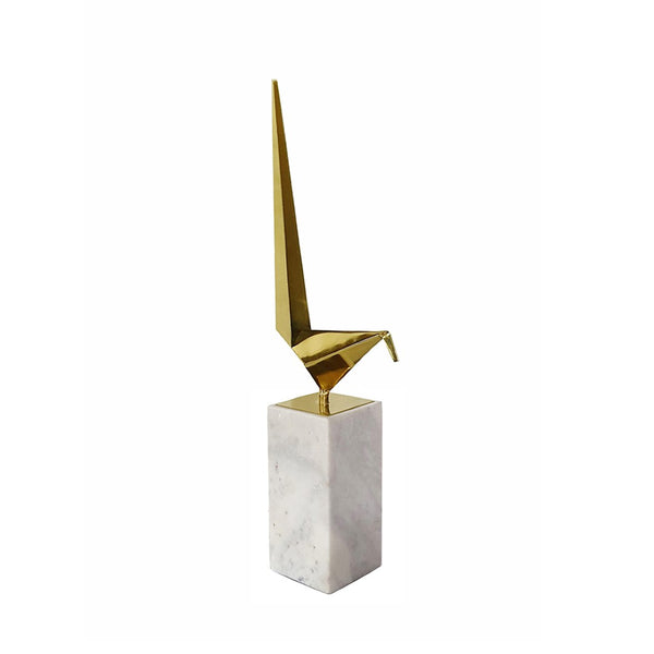English Elm 7x3.5x20.5" Gold Steel Origami Crane Sculpture on White Marble Base Modern Art W2078P489715