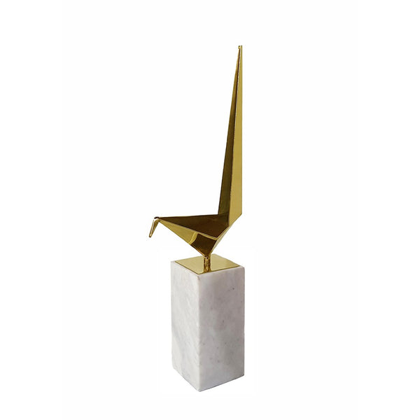 English Elm 7x3.5x20.5" Gold Steel Origami Crane Sculpture on White Marble Base Modern Art W2078P489715