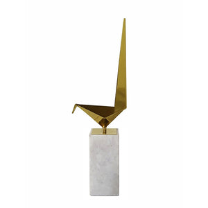 English Elm 7x3.5x20.5" Gold Steel Origami Crane Sculpture on White Marble Base Modern Art W2078P489715