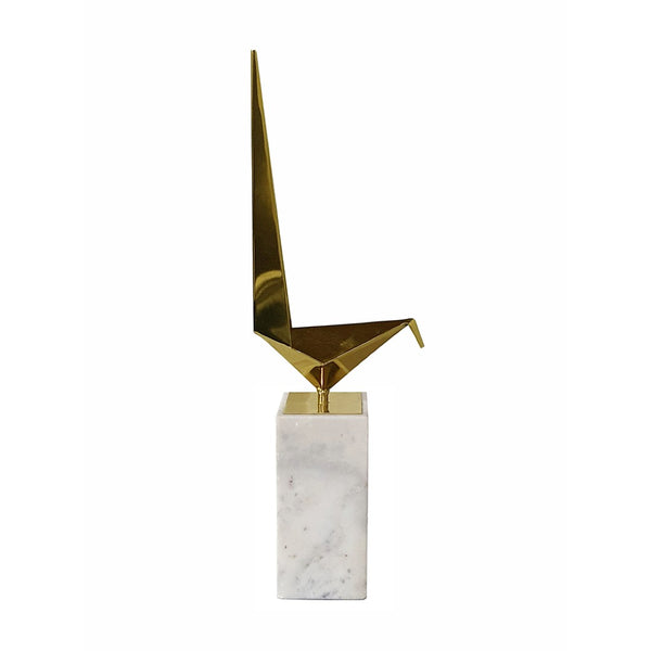 English Elm 7x3.5x20.5" Gold Steel Origami Crane Sculpture on White Marble Base Modern Art W2078P489715