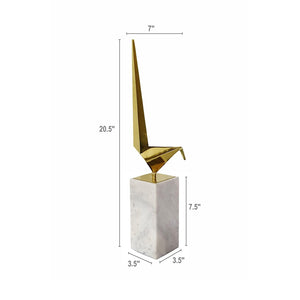 English Elm 7x3.5x20.5" Gold Steel Origami Crane Sculpture on White Marble Base Modern Art W2078P489715