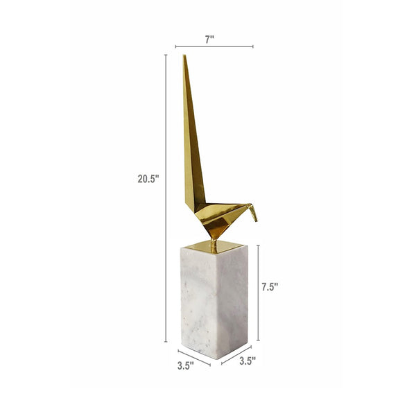 English Elm 7x3.5x20.5" Gold Steel Origami Crane Sculpture on White Marble Base Modern Art W2078P489715
