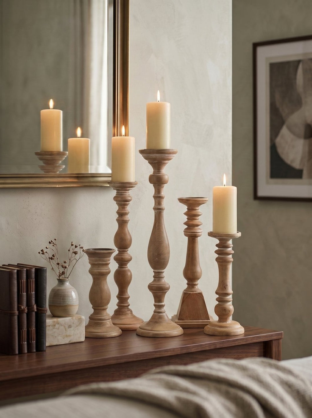 English Elm Set of 5 Distressed Solid Wood Pillar Candle Holders Rustic Farmhouse Decor W2078P493160