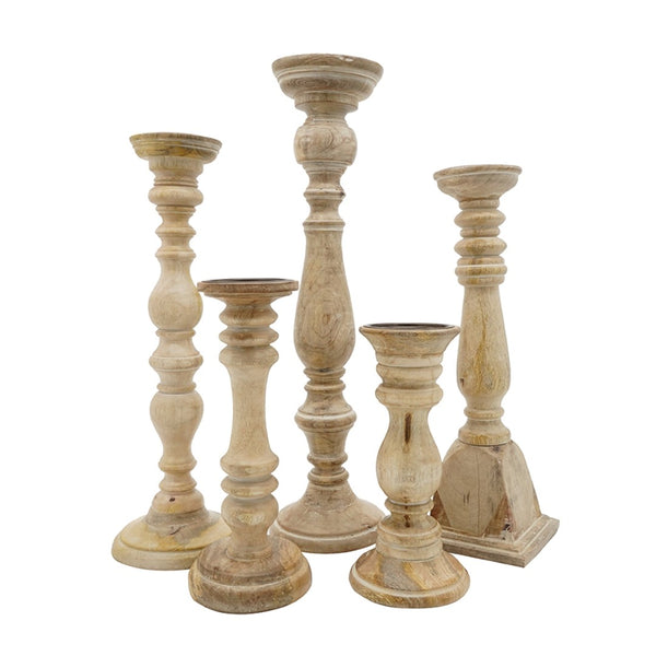 English Elm Set of 5 Distressed Solid Wood Pillar Candle Holders Rustic Farmhouse Decor W2078P493160