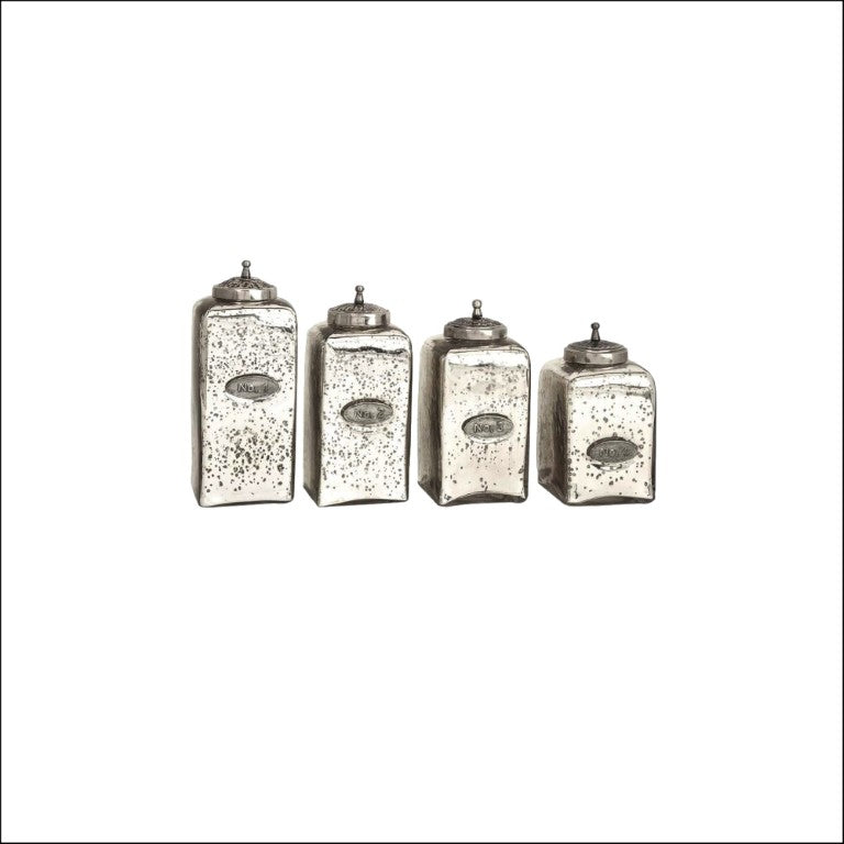 English Elm Set of 4 Apothecary Mercury Glass Jars with Finial Lids Vintage Distressed Decor W2078P493161