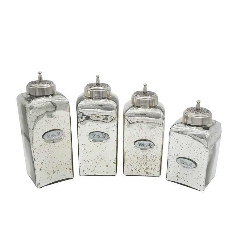English Elm Set of 4 Apothecary Mercury Glass Jars with Finial Lids Vintage Distressed Decor W2078P493161