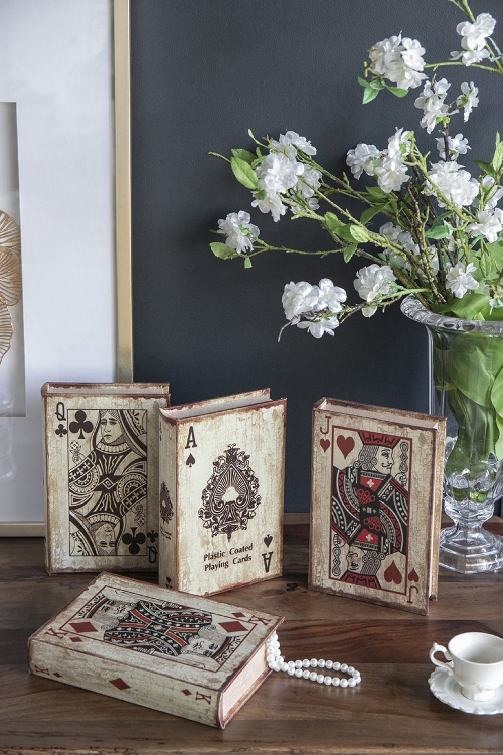 English Elm S/4 Vintage Ace Playing Card Hinged Book Boxes Mdf Silk Wrap Retro Storage W2078P500082