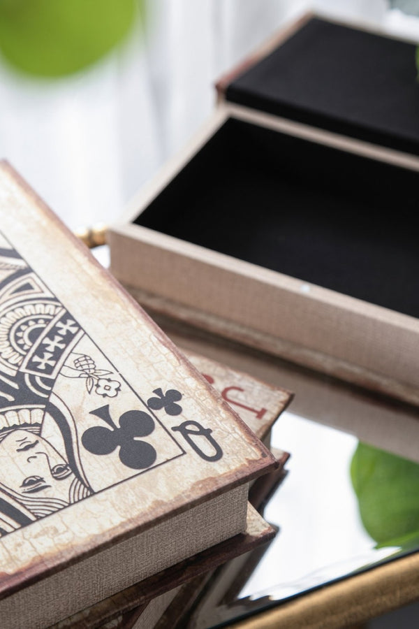 English Elm S/4 Vintage Ace Playing Card Hinged Book Boxes Mdf Silk Wrap Retro Storage W2078P500082