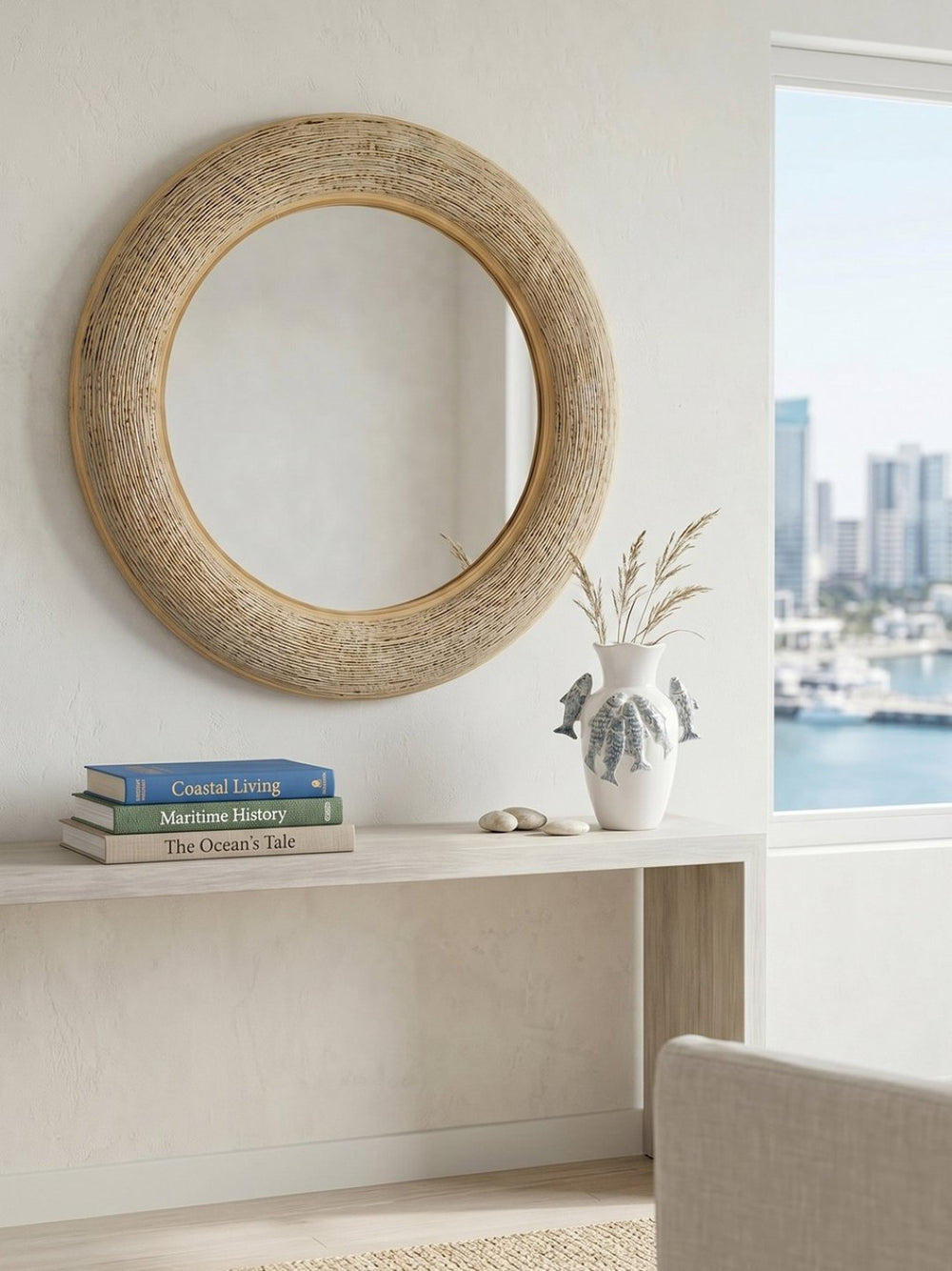 English Elm 35.5" Round Bamboo Woven Frame Wall Mirror Coastal Boho Accent for Foyer or Bedroom W2078P513977