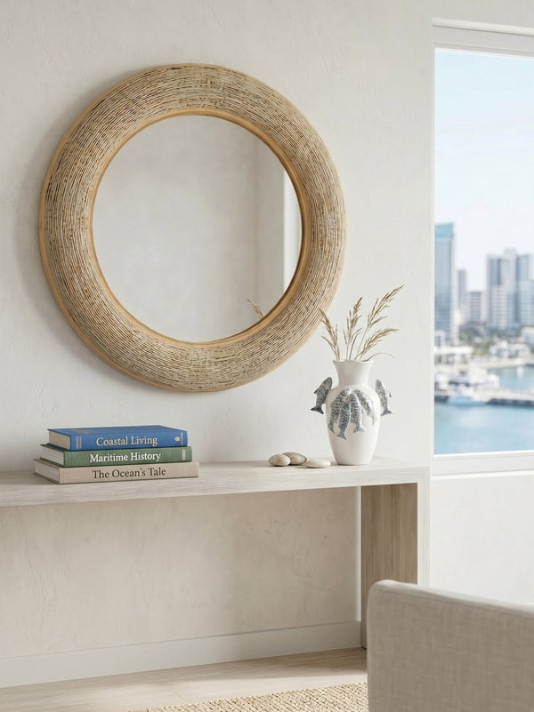 English Elm 35.5" Round Bamboo Woven Frame Wall Mirror Coastal Boho Accent for Foyer or Bedroom W2078P513977