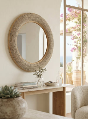 English Elm 35.5" Round Bamboo Woven Frame Wall Mirror Coastal Boho Accent for Foyer or Bedroom W2078P513977