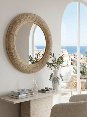 English Elm 35.5" Round Bamboo Woven Frame Wall Mirror Coastal Boho Accent for Foyer or Bedroom W2078P513977