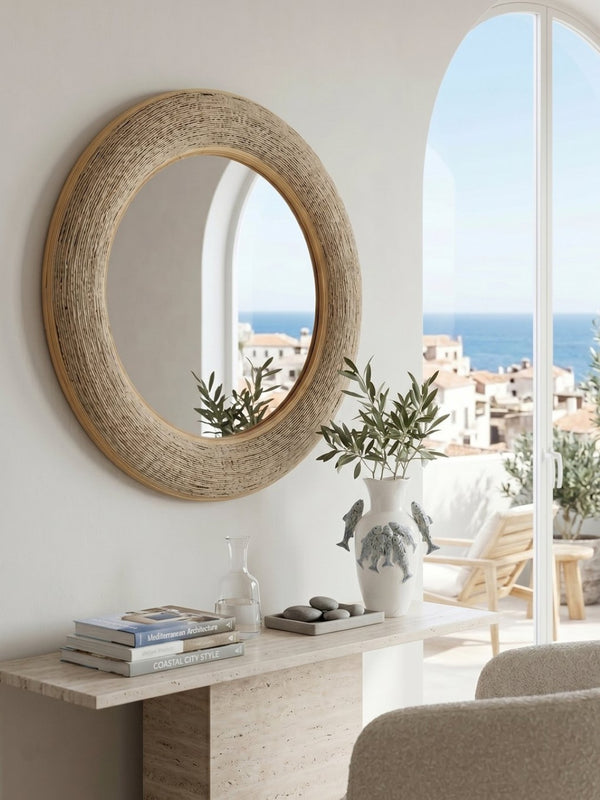 English Elm 35.5" Round Bamboo Woven Frame Wall Mirror Coastal Boho Accent for Foyer or Bedroom W2078P513977