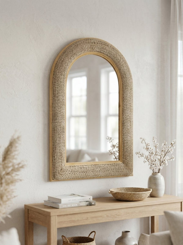 English Elm 24.2"x36" Arched Bamboo Woven Frame Wall Mirror for Coastal Boho Entryway Decor W2078P513978
