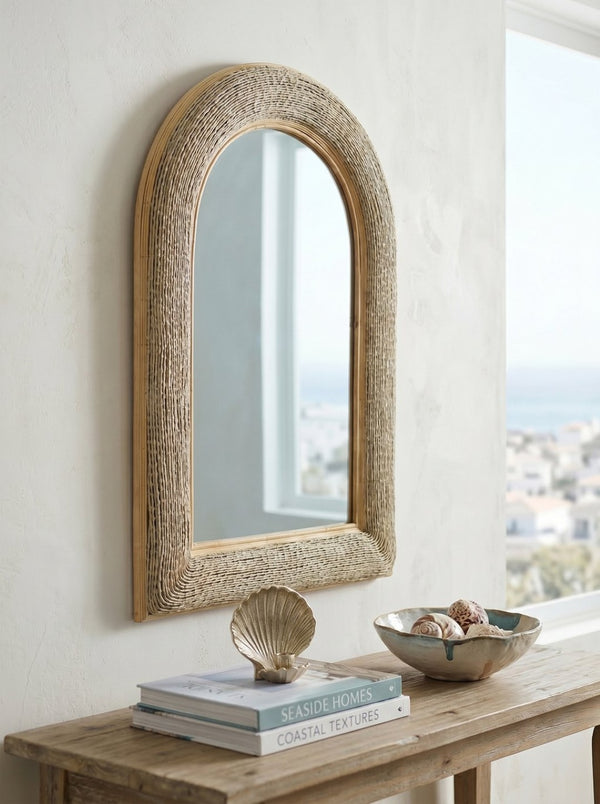 English Elm 24.2"x36" Arched Bamboo Woven Frame Wall Mirror for Coastal Boho Entryway Decor W2078P513978