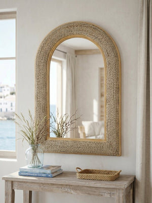 English Elm 24.2"x36" Arched Bamboo Woven Frame Wall Mirror for Coastal Boho Entryway Decor W2078P513978