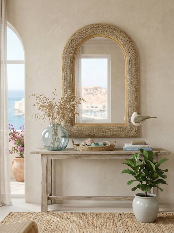 English Elm 24.2"x36" Arched Bamboo Woven Frame Wall Mirror for Coastal Boho Entryway Decor W2078P513978
