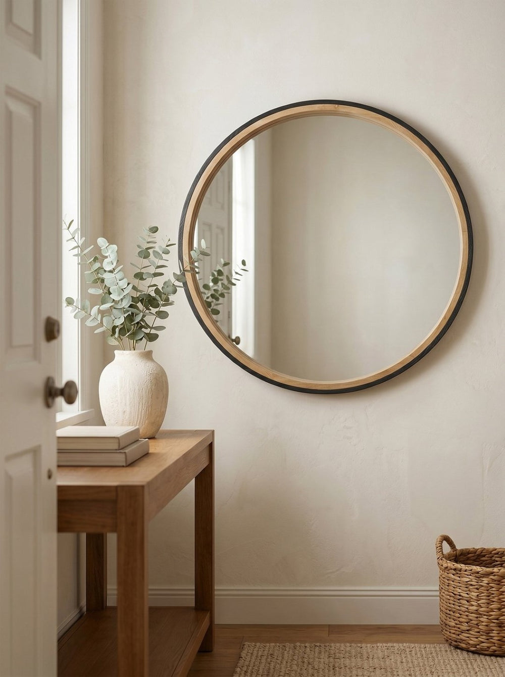 English Elm 31.3" Round Rubberwood Wall Mirror Two-tone Matte Black Frame for Modern Interiors W2078P513979