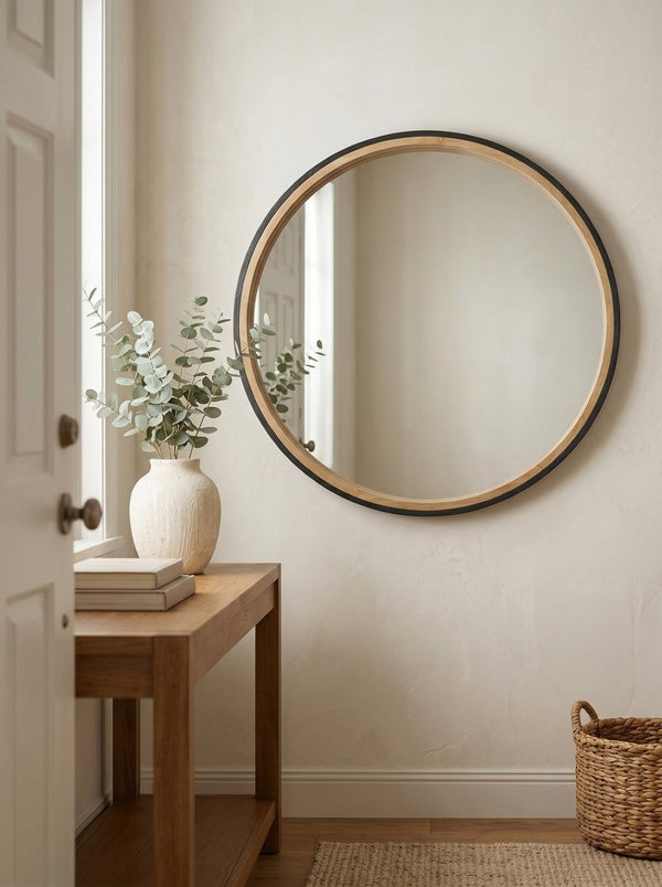English Elm 31.3" Round Rubberwood Wall Mirror Two-tone Matte Black Frame for Modern Interiors W2078P513979