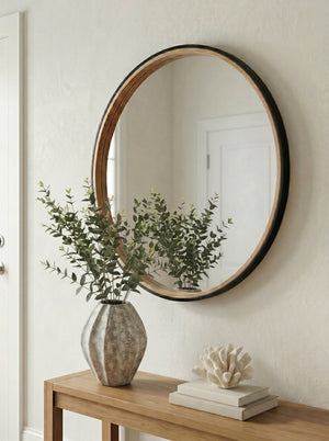 English Elm 31.3" Round Rubberwood Wall Mirror Two-tone Matte Black Frame for Modern Interiors W2078P513979