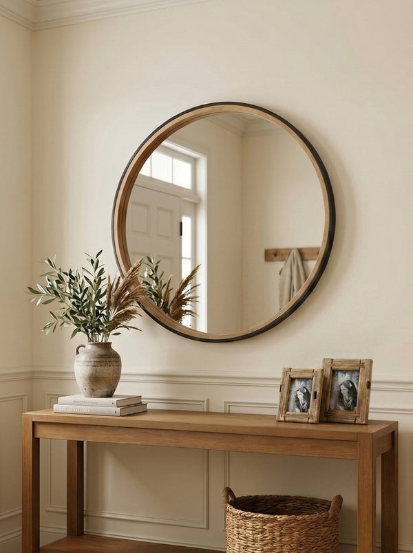 English Elm 31.3" Round Rubberwood Wall Mirror Two-tone Matte Black Frame for Modern Interiors W2078P513979