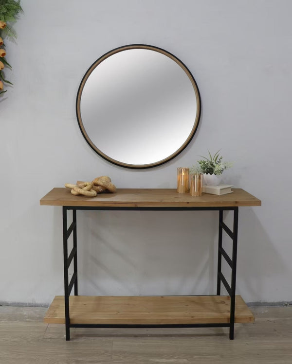 English Elm 31.3" Round Rubberwood Wall Mirror Two-tone Matte Black Frame for Modern Interiors W2078P513979