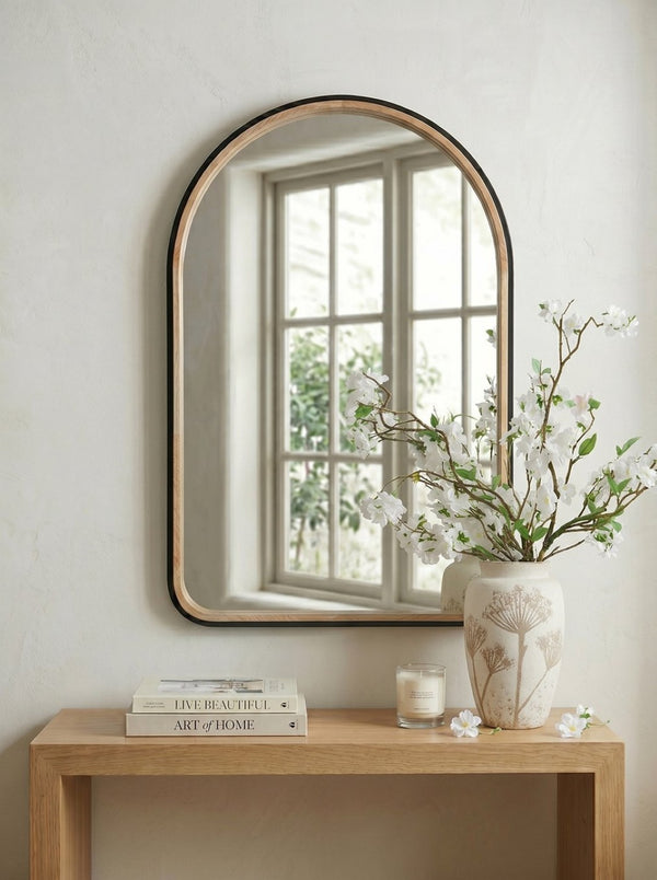 English Elm 23.6"x35.4" Rubberwood Arch Mirror with Two-tone Matte and Natural Frame W2078P513980