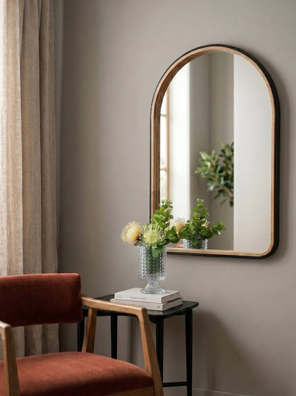 English Elm 23.6"x35.4" Rubberwood Arch Mirror with Two-tone Matte and Natural Frame W2078P513980