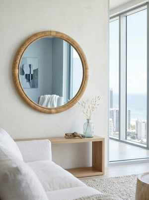 English Elm 31.9" Woven Rattan Style Round Wall Mirror Handcrafted Bohemian Coastal Decor W2078P513981