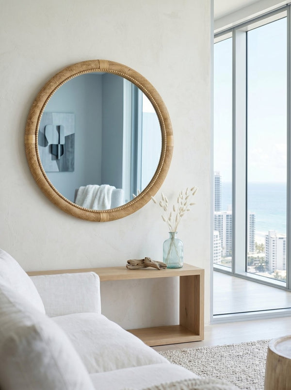 English Elm 31.9" Woven Rattan Style Round Wall Mirror Handcrafted Bohemian Coastal Decor W2078P513981