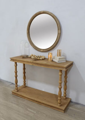 English Elm 31.9" Woven Rattan Style Round Wall Mirror Handcrafted Bohemian Coastal Decor W2078P513981