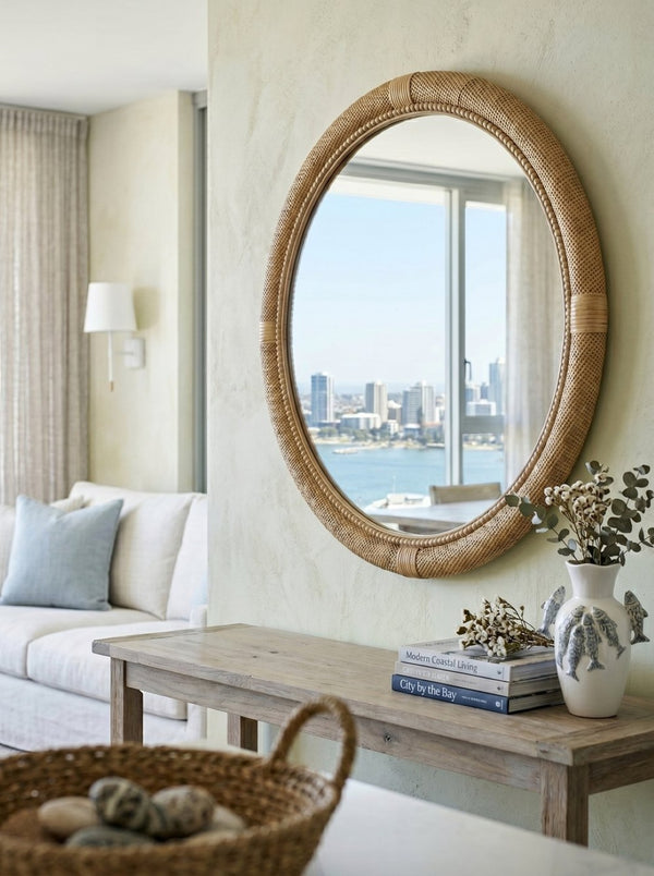 English Elm 31.9" Woven Rattan Style Round Wall Mirror Handcrafted Bohemian Coastal Decor W2078P513981