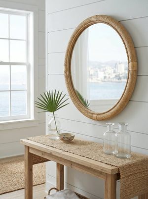 English Elm 31.9" Woven Rattan Style Round Wall Mirror Handcrafted Bohemian Coastal Decor W2078P513981