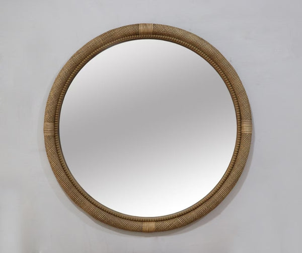 English Elm 31.9" Woven Rattan Style Round Wall Mirror Handcrafted Bohemian Coastal Decor W2078P513981