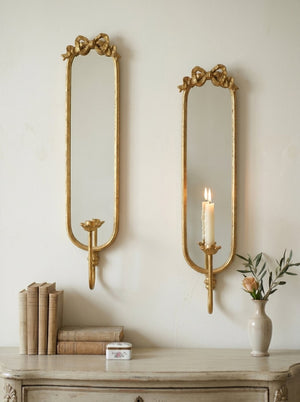 English Elm Set of 2 Gold Gilt Mirrored Candle Wall Sconces with French Ribbon Bow Crest W2078P513982