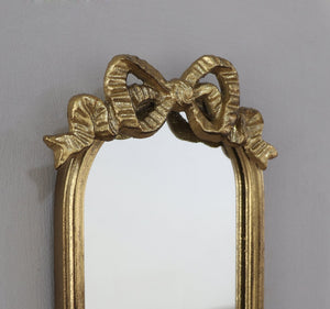 English Elm Set of 2 Gold Gilt Mirrored Candle Wall Sconces with French Ribbon Bow Crest W2078P513982