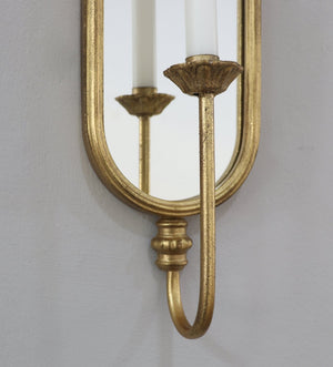 English Elm Set of 2 Gold Gilt Mirrored Candle Wall Sconces with French Ribbon Bow Crest W2078P513982