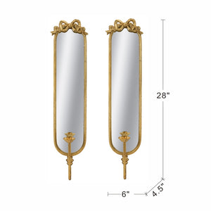 English Elm Set of 2 Gold Gilt Mirrored Candle Wall Sconces with French Ribbon Bow Crest W2078P513982