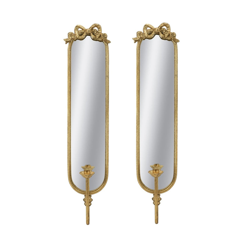 English Elm Set of 2 Gold Gilt Mirrored Candle Wall Sconces with French Ribbon Bow Crest W2078P513982