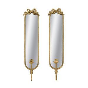 English Elm Set of 2 Gold Gilt Mirrored Candle Wall Sconces with French Ribbon Bow Crest W2078P513982