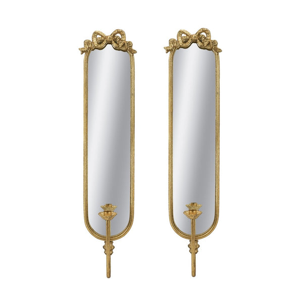 English Elm Set of 2 Gold Gilt Mirrored Candle Wall Sconces with French Ribbon Bow Crest W2078P513982