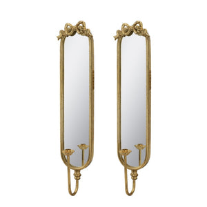 English Elm Set of 2 Gold Gilt Mirrored Candle Wall Sconces with French Ribbon Bow Crest W2078P513982