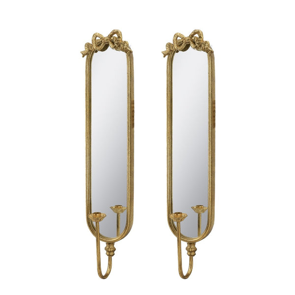 English Elm Set of 2 Gold Gilt Mirrored Candle Wall Sconces with French Ribbon Bow Crest W2078P513982