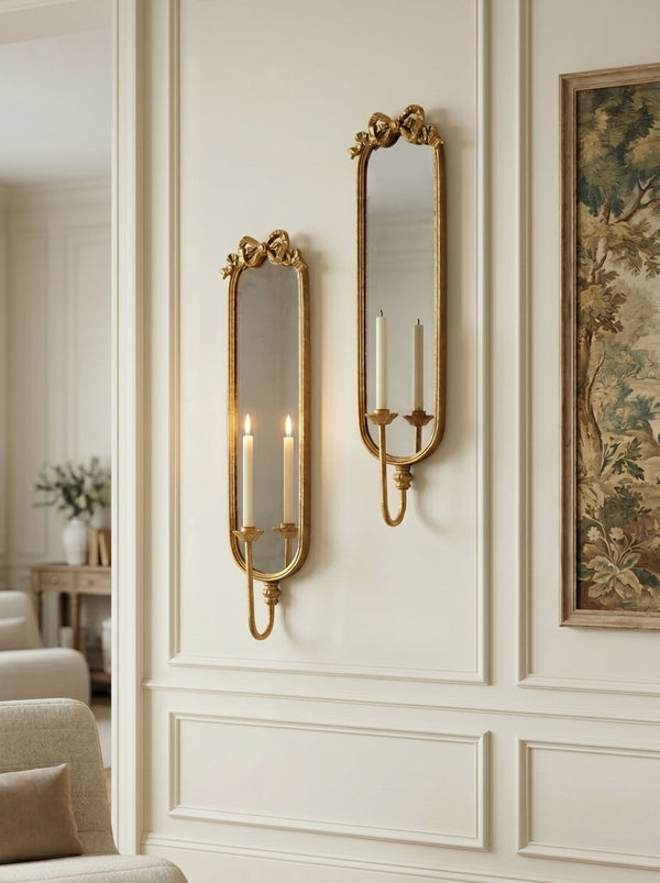 English Elm Set of 2 Gold Gilt Mirrored Candle Wall Sconces with French Ribbon Bow Crest W2078P513982