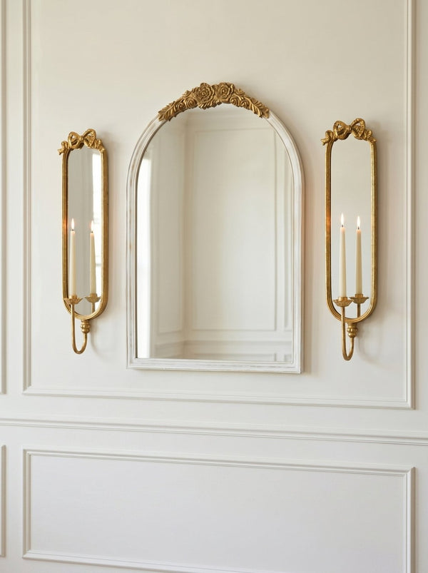 English Elm Set of 2 Gold Gilt Mirrored Candle Wall Sconces with French Ribbon Bow Crest W2078P513982